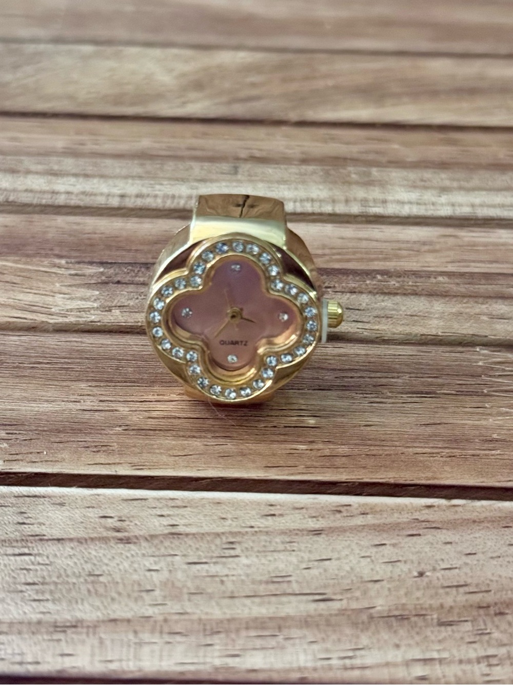 Gold Tone Pink Floral Quartz Ring Watch with Rhinestones